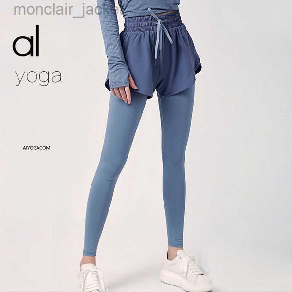 

desginer alos yoga legging originhigh waist abdominfake two piece fitness pants women's outwear pocket sports pants tight pants, Black