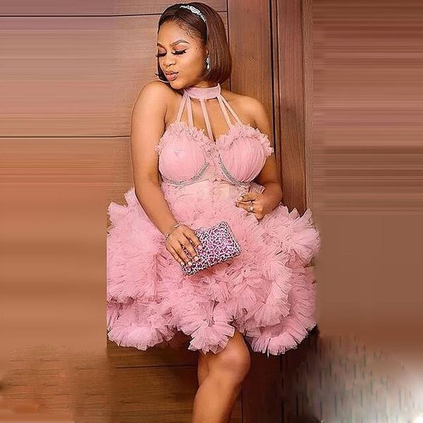 

pink short cocktail party dresses halter beads ruffles puffy robes de cocktail mini black girls prom dress