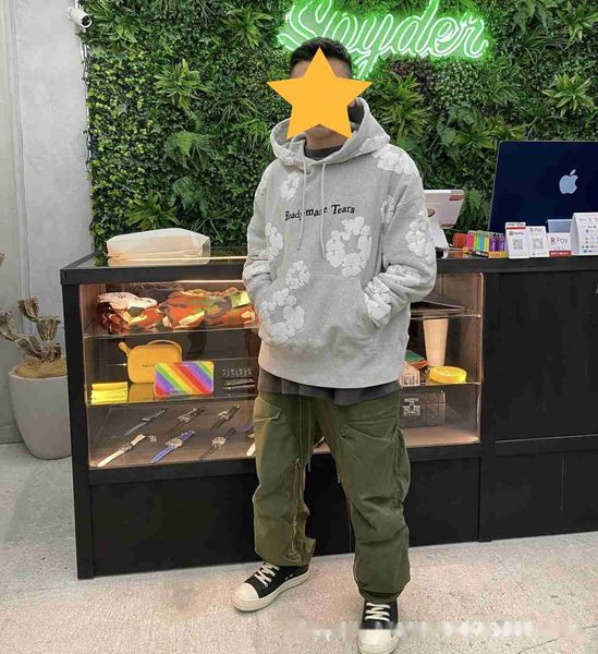 

men's hoodies winter readymade foam flower co branded denim tears women puff printed distressed pullover cap embroidery white kapok tid, Black