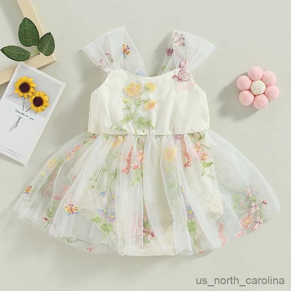 

girl's dresses baby girls romper sleeveless embroidery flowers butterfly tulle patchwork dress 0-24months r230816, Red;yellow