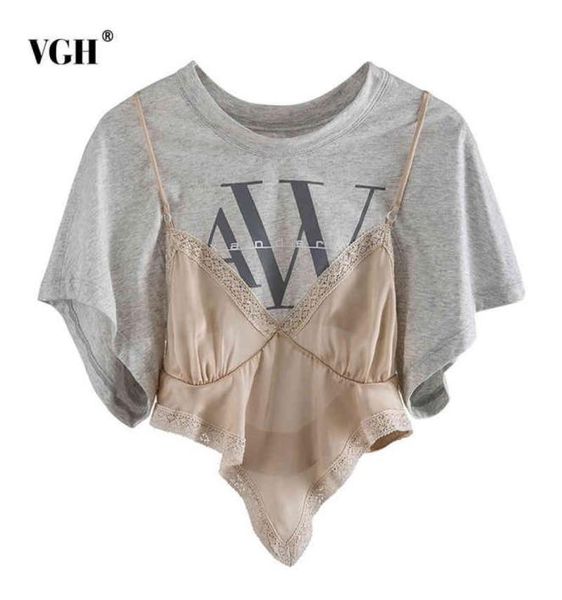 

vgh elegant patchwork t shirt women o neck short sleeve asymmetrical hit color print lace up irregular hem tshirts female tide y05488396, White