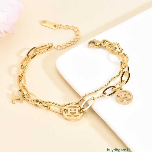 

w2z7 bracelet bangle titanium steel h family circle hollow letter double-layer thick chain high-grade feeling, Black