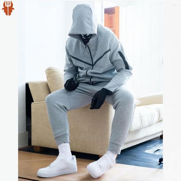 

men's tracksuits 2023 men 2 piece set black sports suit jogging brand designer style tech sweatpants techwear polyester, Gray