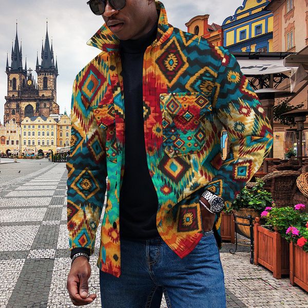 

men's jackets harajuku fashion men long sleeve shirt jacket vintage print casual loose lapel button spring autumn blouse cardigan coat, Black;brown