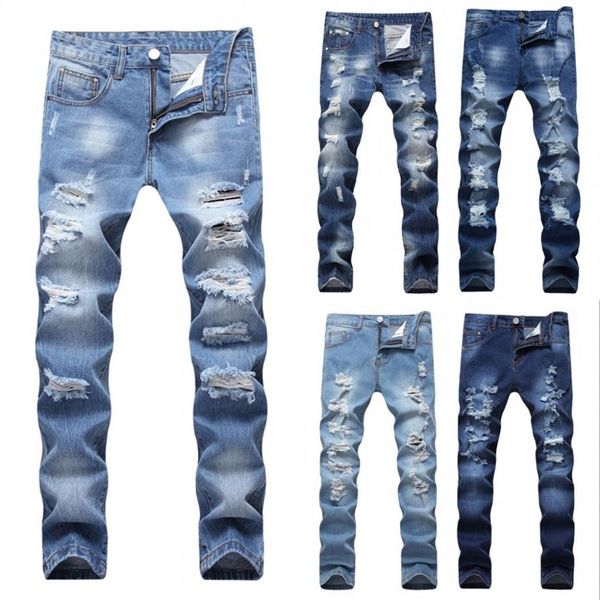 

designer men's ripped jeans slim fit light blue denim joggers male distressed destroyed trousers button fly pants173e