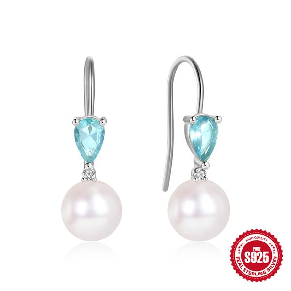 

elegant women 925 sterling silver 8mm pearl drop earrings blue zirconia prong set women earrings for gift wedding party, Golden;silver