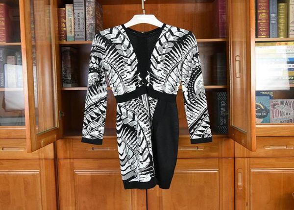 

vintage long sleeves cashmere women dress designer black white print hollow out knitting dresses milan runway vestidos de festa 002123233