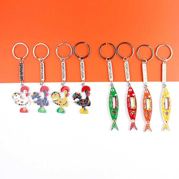 

178r key rings professional portuguese creative metal cartoon keychain enamel fish shaped rooster key hanger, Slivery;golden