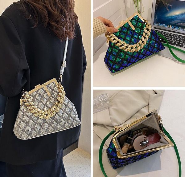 

factory wholesale ladies shoulder bags 5 colors elegant sequined clutch bag popular asymmetric pinch women dinner bag gold chain fashion bac