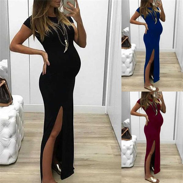 

pregnant tight open long dress women solid o-neck short sleeve maternity dress spring summer short sleeve pregnancy clothes, White