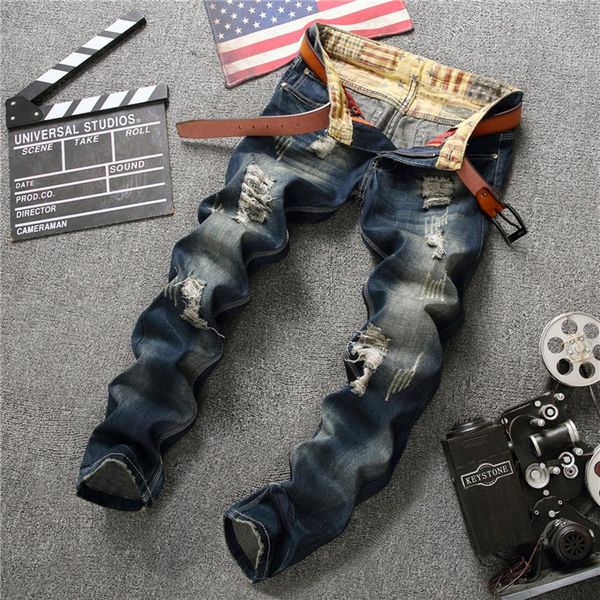 

biepa men's distressed ripped jeans fashion designer motorcycle moto biker denim elastic hip hop men jeans 001-3214c, Blue