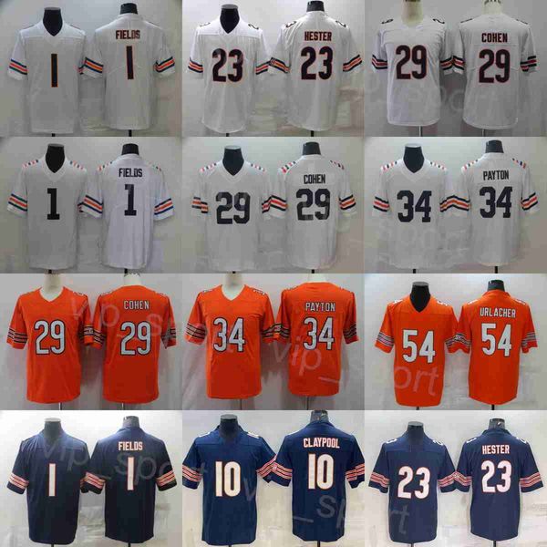 

mans football 23 devin hester jerseys 29 tarik cohen 10 chase claypool 1 justin fields 34 walter payton 54 brian urlacher uniform stitching, Black;red