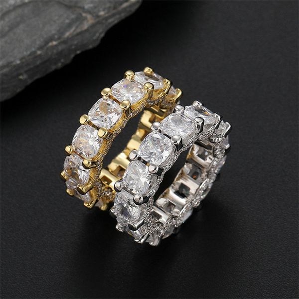

7mm square hiphop jewelry 18k gold mens ring designer party copper aaa cubic zirconia diamond silver rings for man party south american fash, Golden;silver