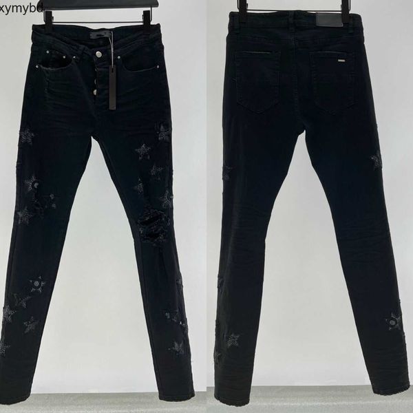 

mens designer jeans star ripped jean man slim jeans casual zipper trousers for male stretch trouser cashew flower patch hip hop denim pants, Blue