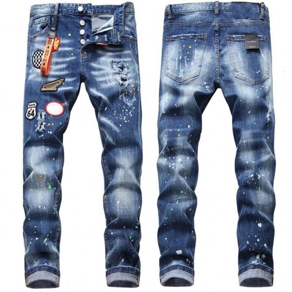 

men's distressed skinny jeans fashion mens jeans slim zipper mens denim pants hip hop men paint jeans216m, Blue