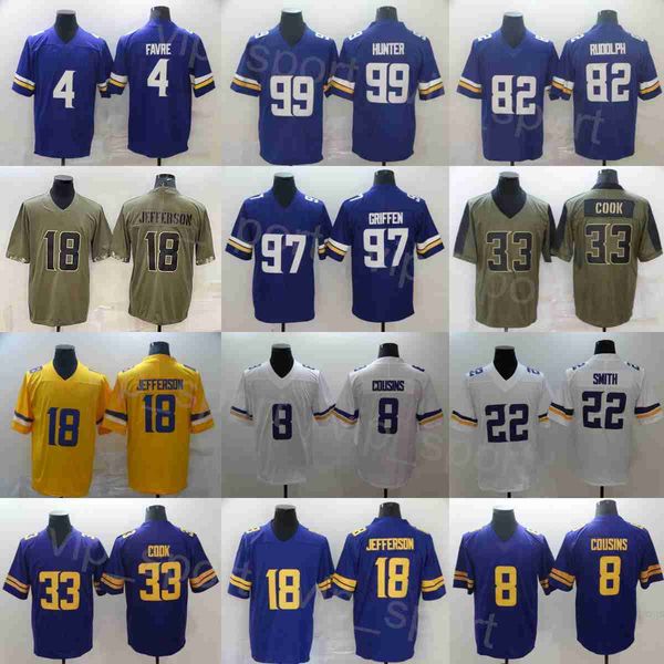 

mans football 97 everson griffen jerseys 99 danielle hunter 4 brett favre 18 justin jefferson 8 kirk cousins 22 harrison smith 33 dalvin coo, Black;red