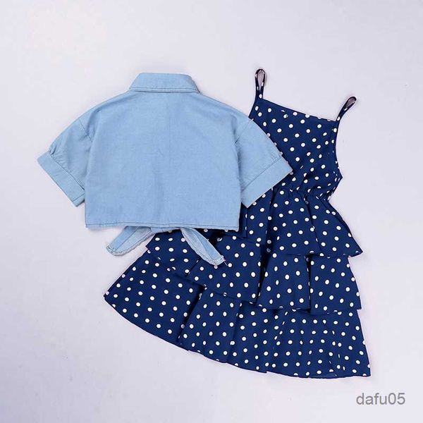 

clothing sets 2023 summer girls dresses children's clothing sets short-sleeved denim jacket +skirt suit dot dress set for 3-14y r230816, White