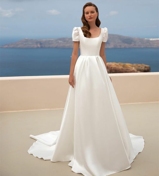 

elegant long sqaure neck satin wedding dresses a-line ivory short sleeve pleats sweep train bridal gowns vestido de novia women dresses, White
