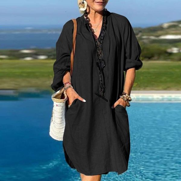 

spring womens plain color flax long sleeve v neck dress, Black;gray