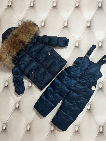

girls boys winter two piece sets down gore tex fur hooed coats with suspender pants fashion warm trench windproof coat girl boy set designer, White