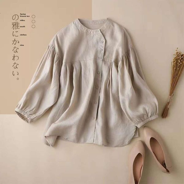 

pure color lantern sleeves cotton linen shirt womens loose doll design sense nine point fashion, White