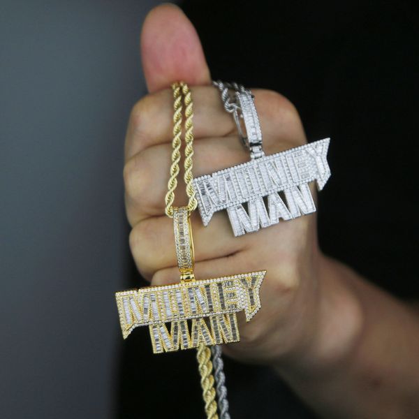 

new designer money man letter pendant charm necklace hip hop women men full paved 5a cubic zirconia party gift jewelry, Silver