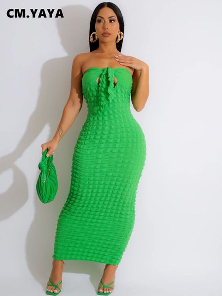 

basic casual dresses cm.yaya women seersucker bowknot strapless maxi long bodycon dress summer stretch vestidos party evening dresses 230816, Black;gray