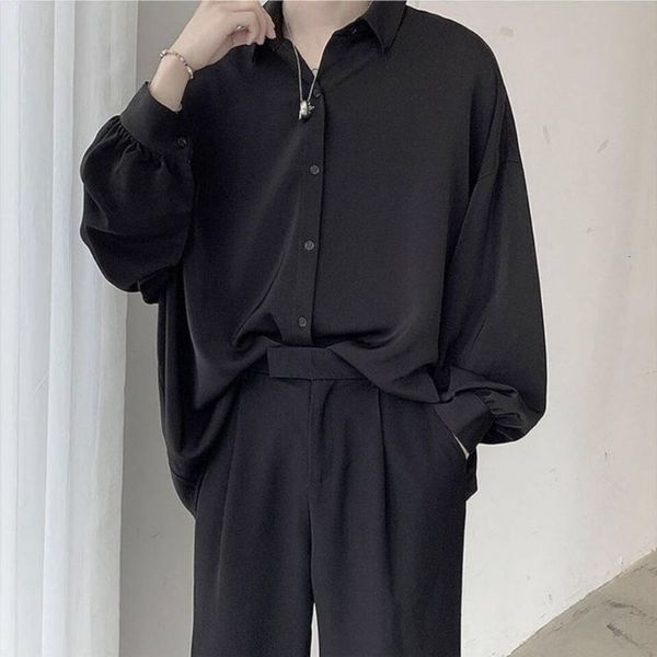 

men's dress shirts black long-sleeved shirts men korean comfortable blouses casual loose single breasted shirt with tie 230815, White;black