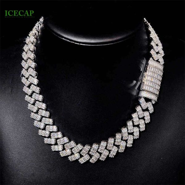 

hip hop jewelry vvs moissanite 2 rows baguette cut diamond cuban link chain sier men cuban necklace, Silver