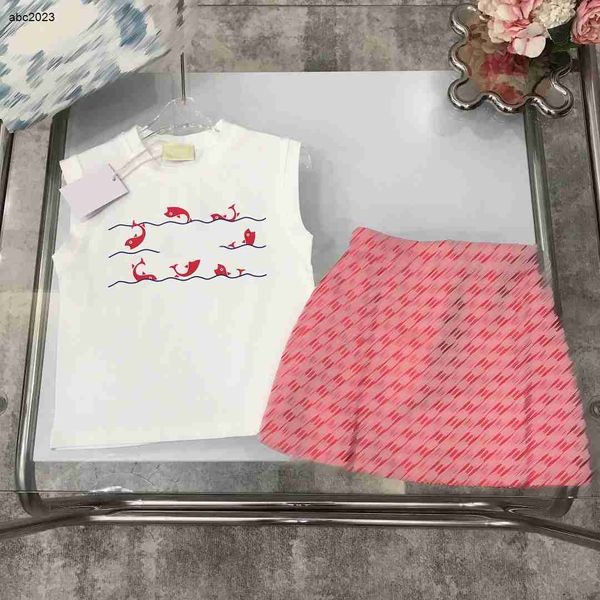 

new designer girls dress suits summer sets size 100-150 cm 2pcs fish jump pattern printed sleeveless t-shirt and letter dot aop skirt july17, White