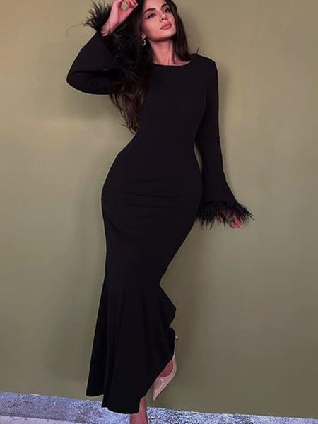 

basic casual dresses elegant feather sleeve dress women fashion black bodycon dress spring wrap long dress lady casual slim evening party dr, Black;gray