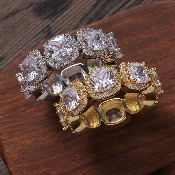 

punk 9mm square diamond 18k gold designer ring for man party copper white aaa cubic zirconia silver mens rings south american fashion hiphop, Golden;silver