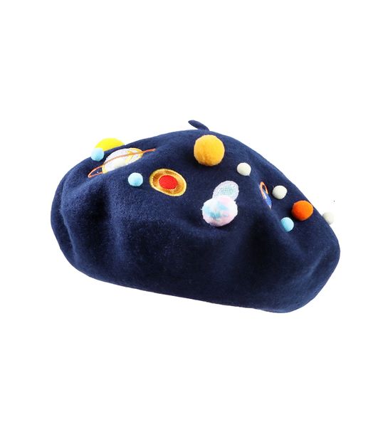

berets autumn winter design planet embroidered pom woolen beret caps cute stars women thick painter hat 230816, Blue;gray