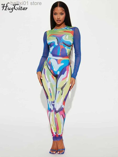 

women's jumpsuits rompers colorful print long sleeves patchwork mesh slim bodycon pants 2 pcs set 2022 fall women evening party club ro, Black;white