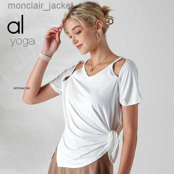 

desginer alos yoga t shirt originsports t-shirt women's elastic slim quick drying summer outwear v-neck fitness short sleeve, White