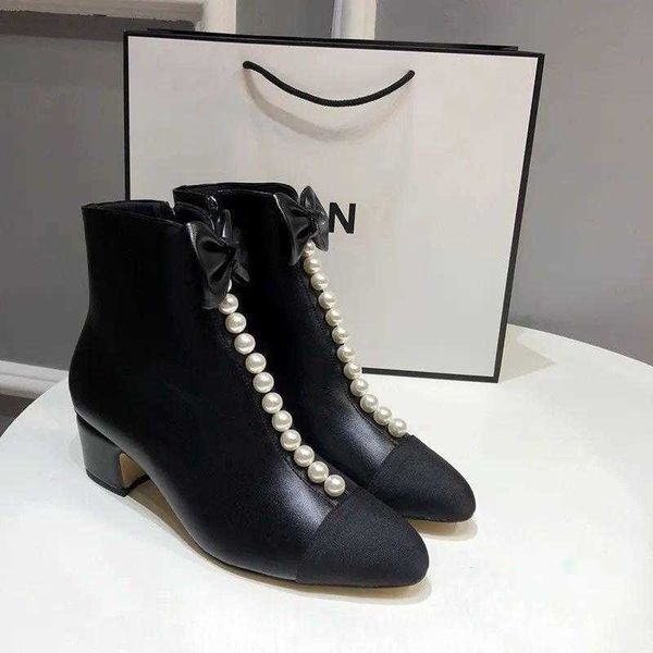 

women boots fashion leather pearl chain tasselboots chunky heel solidcolor short boots, Black