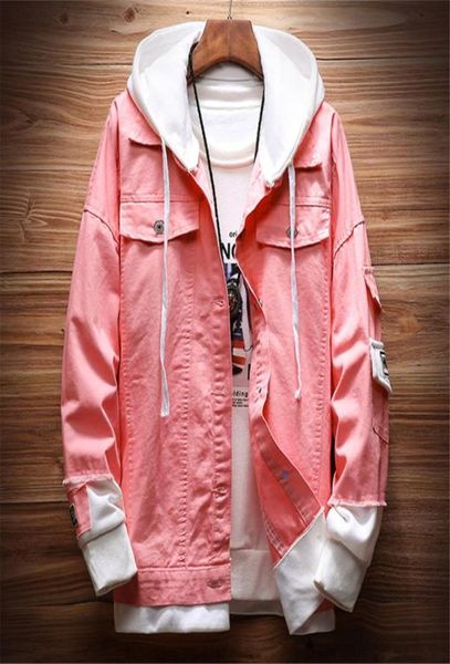 

men autumn hooded denim jackets pink jean coats good quality men cotton holes denim coats fashion jean jackets chaqueta hombre3056011, Black;brown