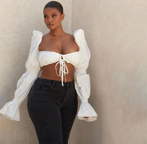 

women blouse female shirred white puff sleeve tie front shirts elegant backless crop fashion blusas clothing women9818757