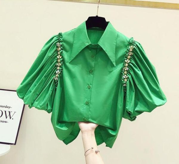 

women's blouses & shirts fashion vintage crumpled blouse puff sleeve rhine green irregular single-breasted shirt womens summer wome8248, White