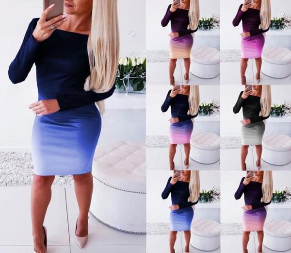 

lady elegant dress womens new long sleeve stretch bodycon plain dress long tunic gradient dresses clothes2131614, Black;gray