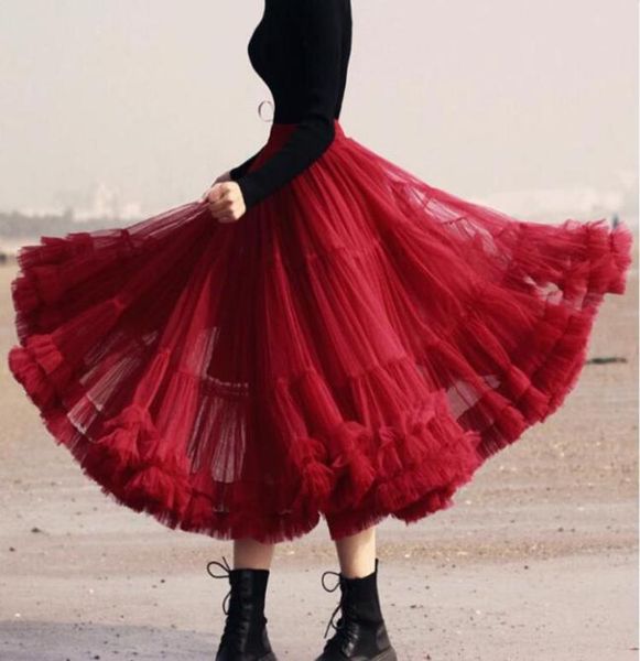

elegant charming burgundy ankle length tulle skirts for women elastic waistline puffy tutu skirt female saias custom made3315668, Black