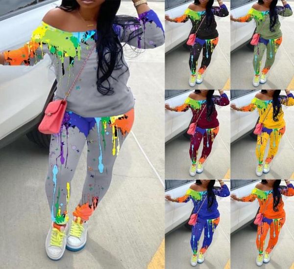 

womens running tracksuit casual loose graffiti print offshoulder plus size and pants sweatshirt sports suit gym clothes2129248, Black;blue