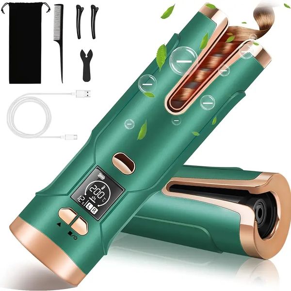 

usb rechargeable cordless rotating hair curler with led display and temperature adjustment - create waves and curls with ease, Black
