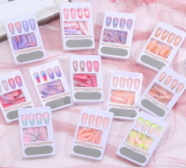 

false nails 24pcsset long coffin fake european rainbow ballerina full nail art tips artificial detachable with glue9708105, Red;gold