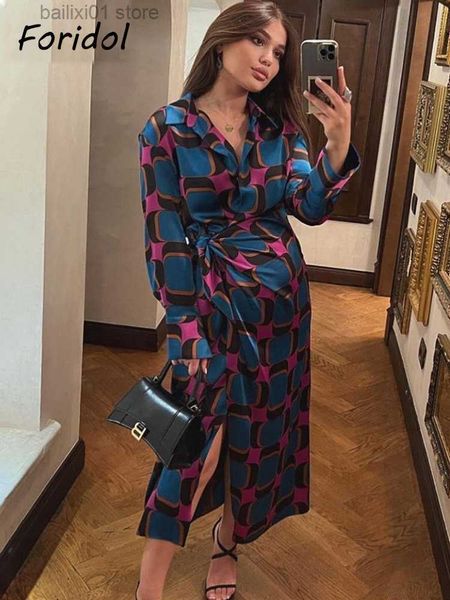 

basic casual dresses side split women fashion geometric print blue new in shirt wrap dress women long sleeve bowknot maxi long vestido robe, Black;gray