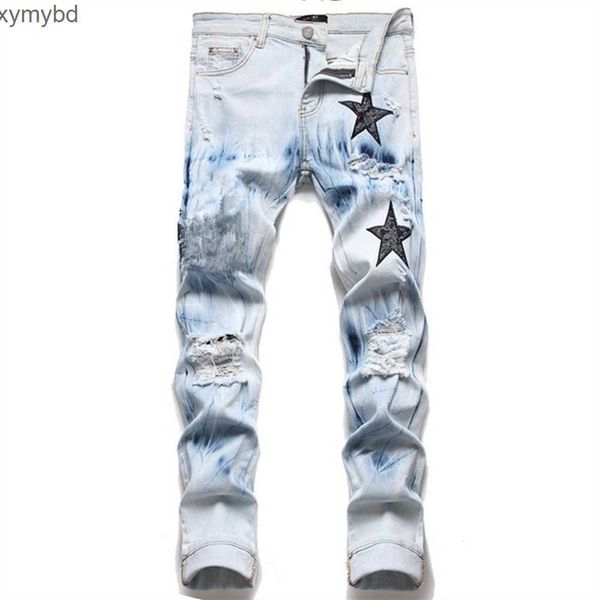 

jeans mens designer jeans for mens pants man white black rock revival jeans biker pants man pant broken hole embroidery hip hop denim pants, Blue