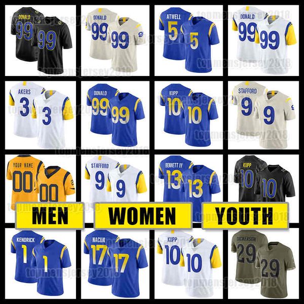 

10 cooper kupp jersey 99 aaron donald football 13 stetson bennett iv 9 matthew stafford los angeleses rams van jefferson tutu atwell 3 cam a, Black;red