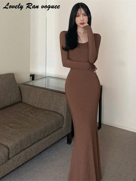 

basic casual dresses slim women maxi dress long sleeve oneck hip package female trumpet autumn allmatch solid base lady robe 230817, Black;gray