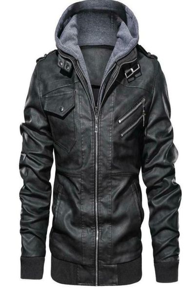 

men denzell outwear anarchist leather jacket hooded motorcycle coat biker style8907670, Black