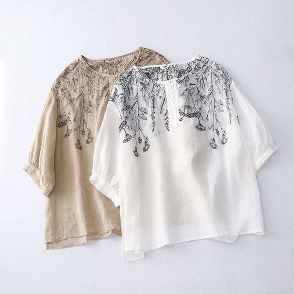 

summer retro shirts hemp loose large size slimming a edition shirt national trend embroidered thin for women, White